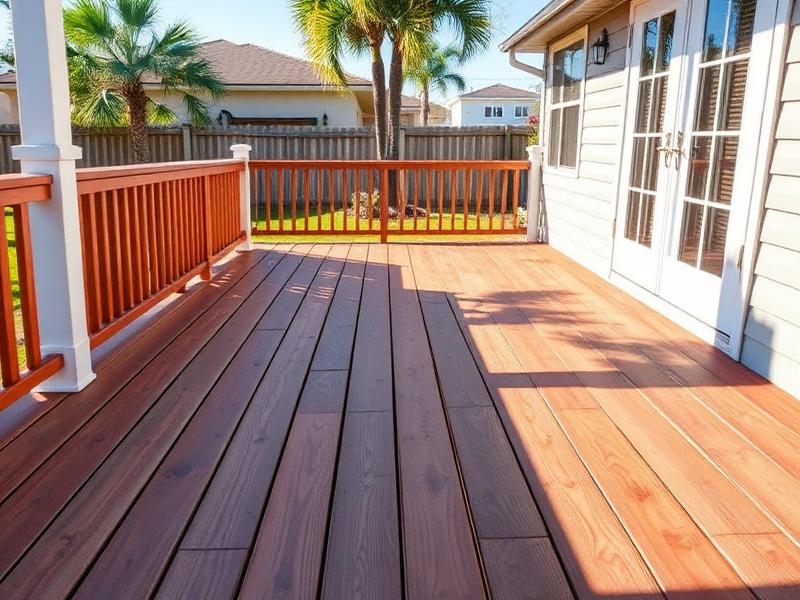 Repaired and stained wooden deck after restoration