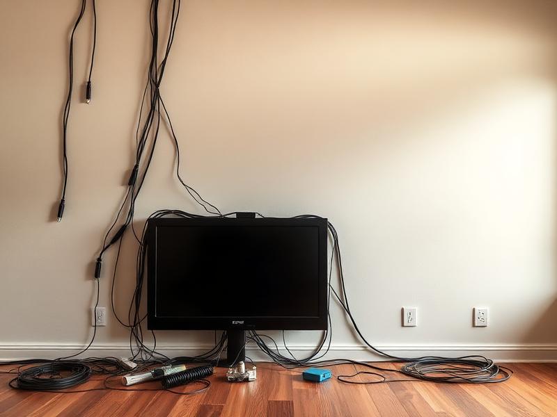 Television on the floor with tangled cables before mounting