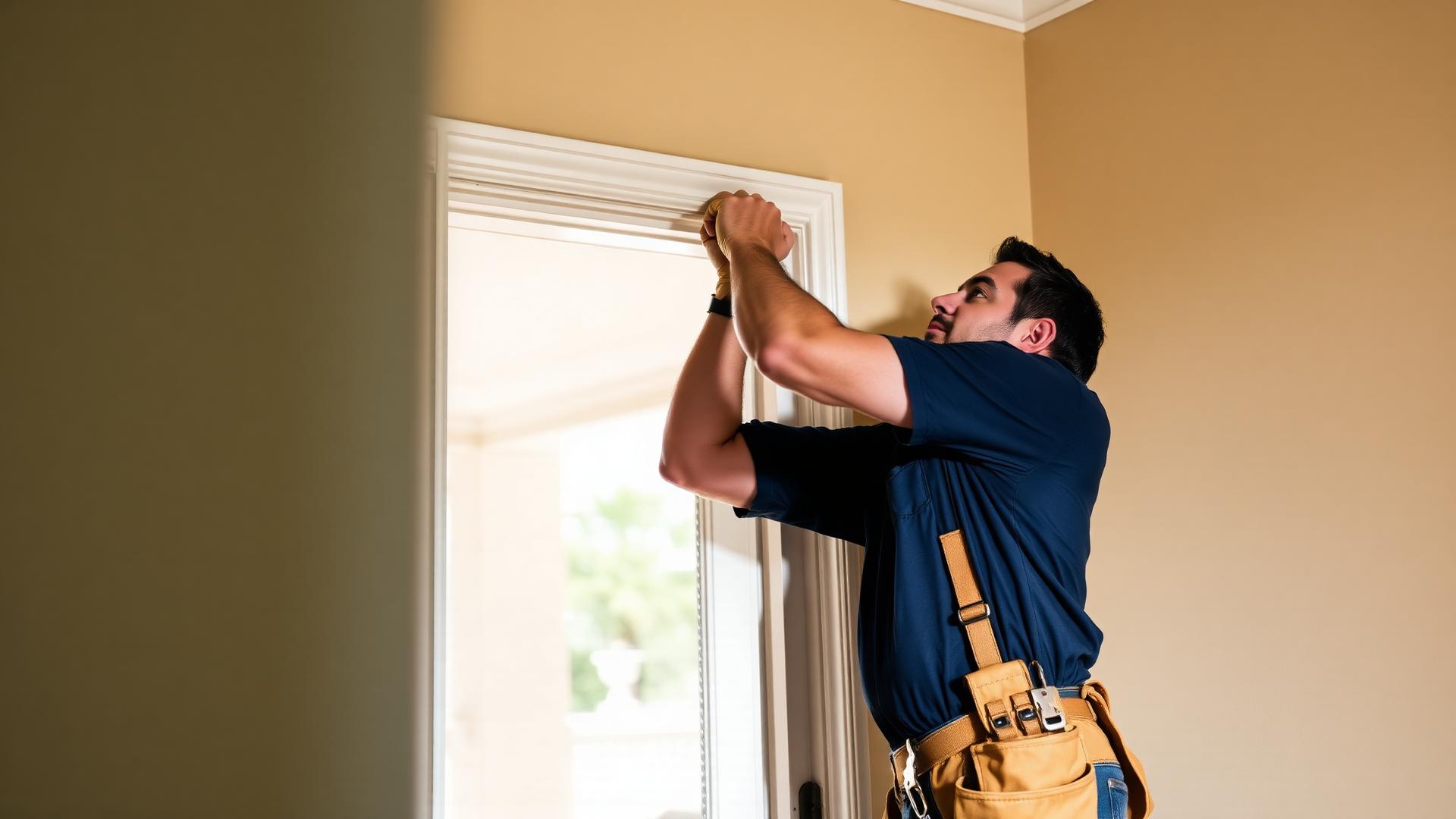 Professional handyman repairing a door frame in a South Florida home